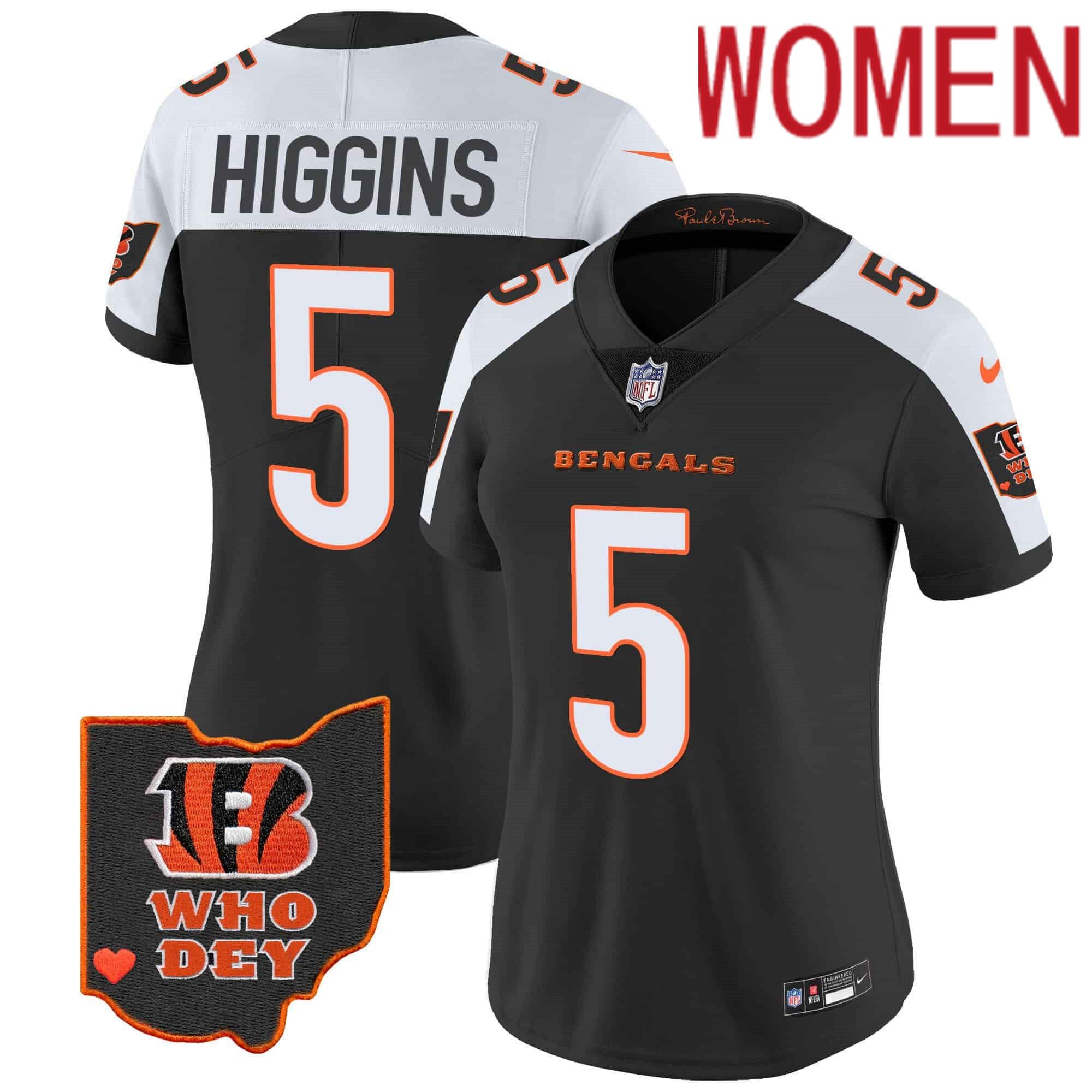 Women Cincinnati Bengals #5 Higgins Black 2024 Nike Patch Vapor Limited NFL Jersey